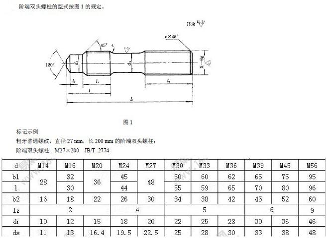 JB /T 2774-1992双头螺丝规格表